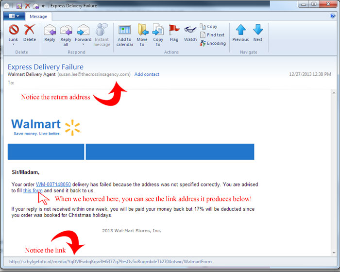 Image of Email FAKE DELIVERY FAILURE notification Scam